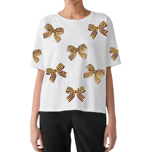 Camiseta de Mujer Lista para Enviar, Casual, Holgada, 100% Algodón, Transpirable, Cuello Redondo, con Lentejuelas, Bordado de Rosas, Adorno de Cuentas, Manga Media, Personalizada - Product Image 2