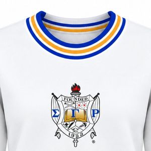 White Crewneck Pullover Sweater with Blue Gold Greek Crest Embroidery Striped Collar Cuffs Ribbed Hem Collegiate Knitwear Custom - Product Image 2