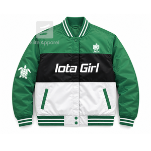 เสื้อแจ็คเก็ตแข่งรถแบบสั่งทำพิเศษของชมรมอิโอตา ฟิ แลมบ์ดา ปักโลโก้สีเขียวและสีขาว สไตล์แข่งรถสำหรับผู้หญิง พร้อมซับในโพลีเอสเตอร์ - Product Image 1
