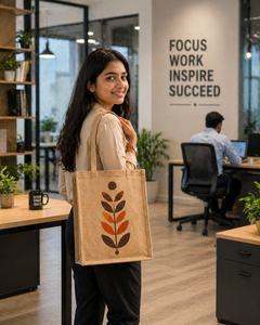 Natural Jute Tote <b>Bag</b> with Leaf Print Eco Friendly <b>Reusable</b> Shopping Office and Daily Use Carry <b>Bag</b> Open Closure - Product Image 4