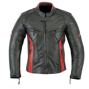 Blouson de moto en cuir véritable noir et rouge pour homme, col montant, fermeture éclair, style motard, coupe classique, idéal pour l'automne - Product Image 1