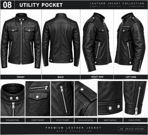 Chaqueta de Motociclista de Cuero PU Negra para Hombre, Corte Ajustado, Cuello Alto, Cierre de Cremallera, Estilo Biker, para Otoño - Product Image 5