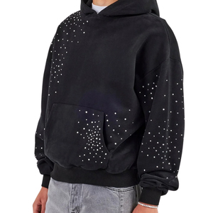 Sudadera con Capucha Unisex, Forrada, con Apliques Bordados y Pedrería, de Felpa Negra, 100% Mezcla de Algodón, Talla Grande, para Invierno - Product Image 4