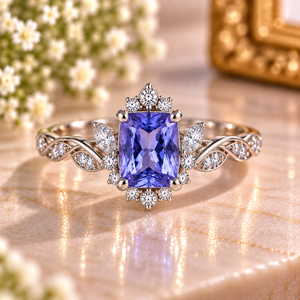 Anillo de Tanzanita con Corte Esmeralda, Plata de Ley 925, Anillo de Compromiso con Hoja Floral, Gema Azul Violeta, Joyería Personalizada - Product Image 1