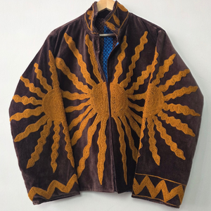 Morvi-Fab 2026 #62 Latest Women’s <b>Velvet</b> <b>Jacket</b> – Sunburst Embroidered Design with Contrast Collar - Product Image 1