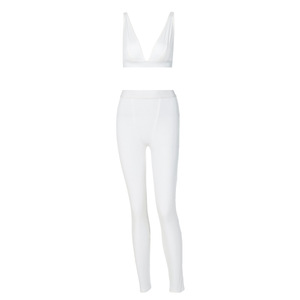 Ensemble de yoga bleu uni pour femme, haut court dos nageur à col en V profond et leggings taille haute longueur intégrale, sans couture, en Spandex et Polyester, 2 pièces - Product Image 4