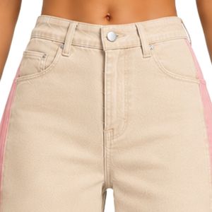 Jean large beige et rose pour femme, taille haute, en denim bicolore, style décontracté streetwear, pantalon tendance coupe ample - Product Image 5