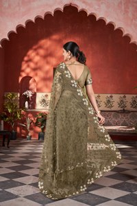 Olive <b>Green</b> Embroidered Silk Saree Set Women Traditional Wedding Wear India Pakistan Style Regular Fit Stretchable - Product Image 5