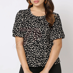 Blusa de Gasa con Estampado de Puntos Blancos y Negros, Cuello Redondo, Manga Corta Abullonada, Corte Holgado Informal, 100% Algodón, Calidad de Marca, Personalizable - Product Image 1