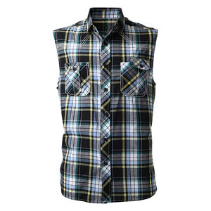 Chemise en flanelle de coton pour homme, style décontracté, boutonnée, col rabattu, tissu doux, élégante, sans manches, pour l'extérieur - Product Image 1