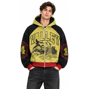 Valley Dreams <b>Men</b> Hoodie Raglan Sleeve Zip-Up Fleece Casual Hooded <b>Sweatshirt</b> <b>Black</b> Yellow Red 100% Cotton Winter Wear Hoodies - Product Image 2