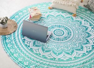 Round Ombre Hippie Mandala Bohemian Indian <b>Tapestry</b> Wall Hanging Tablecloth 70 Inch Turquoise Home Decor - Product Image 5