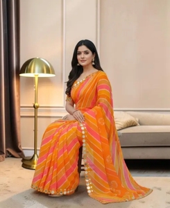 KV Women's <b>Orange</b> Chiffon Mirror Work Traditional Quick Dry Autumn <b>Saree</b> with Unstitched Blouse - Product Image 1