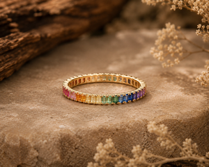 Gold Plated 925 <b>Silver</b> <b>Eternity</b> Band <b>Ring</b> with Rainbow Zircon Prong Setting Trendy Style Unisex Everyday Wear Jewelry - Product Image 2