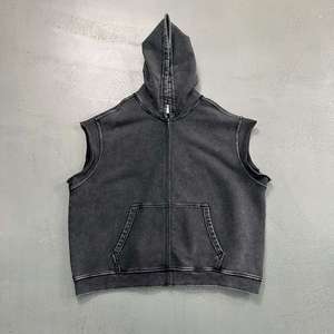 <b>Men's</b> Sleeveless Hooded <b>Vest</b> Solid <b>Black</b> Cotton Casual Knitted O-Neck Pocket Front Zippered Top - Product Image 1