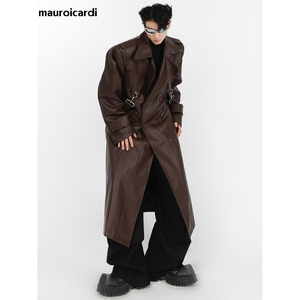 Mauroicardi printemps automne surdimensionné Cool Long noir marron cuir Pu Trench manteau hommes épaulettes lâche mode européenne 2023- - Product Image 1