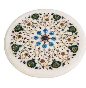 Plato de Servir de Lujo Hecho a Mano con Incrustaciones de Mármol Blanco y Patrón Floral, Ecológico, con Piedras Semipreciosas - Product Image 1