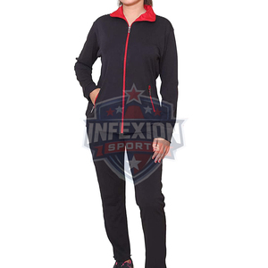 Survêtement noir 2 pièces pour femme, sweat-shirt à fermeture éclair intégrale avec bordure rouge, poches latérales, coupe classique, style sportif automne - Product Image 5