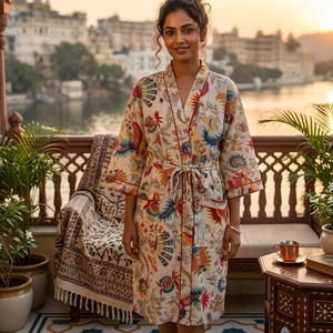 Robe kimono en coton pour femmes, à fleurs blanches, manches longues, col en V, longue robe de bain, vêtements de détente, robe de spa avec ceinture - Product Image 5