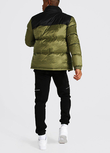 Blouson en toile chaud pour homme avec rembourrage matelassé personnalisé en duvet de canard, Nouveautés, Design bicolore vert doux et noir, Fermeture éclair, Col montant - Product Image 1