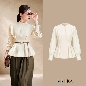 Blusa Corta Elegante para Mujer, Color Crema, con Pliegues, Cuello Mandarín, Estilo Peplum, Informal, para Oficina, de Algodón y Seda, Lisa, Teñida, IRENE - Product Image 1