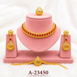 Gold Plated Alloy Necklace Earrings <b>Bracelet</b> Set With <b>Ruby</b> Inlay Water Drop Design Ethnic Wedding Jewelry For Women A-23450 - Product Image 1