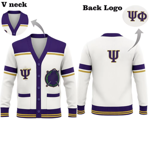 Psi Phi <b>Cardigan</b> White Purple Gold V Neck Embroidered Greek Letters Preppy Style Autumn Sweater Adult Full Sleeve - Product Image 1