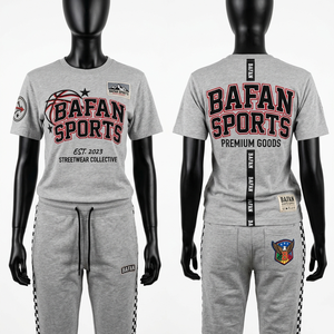 ชุดเสื้อยืดและกางเกงจ็อกเกอร์สีเทาผ้าคอตตอนผสมพรีเมียม 190 GSM สำหรับผู้หญิง สวมใส่สบาย รับสกรีนโลโก้ ชุดเซ็ตสำหรับผู้หญิง - Product Image 3