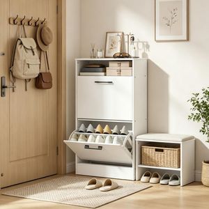 Meuble de rangement pour chaussures avec séparateurs réglables, design fin inclinable, blanc, pour entrée et couloir - Product Image 5