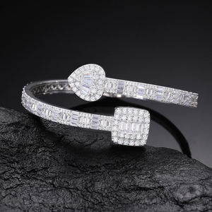 Luxury Women's 925 <b>Silver</b> Rhodium Plated <b>Cuff</b> <b>Bracelet</b> With Baguette Cut Diamond Heart Design Channel Setting Wedding Jewelry - Product Image 1