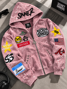 Hoodie streetwear d'hiver épais en polaire zippé, délavé à l'acide, effet vieilli, avec broderie multi-patchs, fabrication sous marque privée - Product Image 5