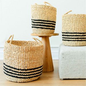 Handwoven Seagrass <b>Storage</b> <b>Basket</b> with Black Stripe Design Natural Eco-Friendly Decorative <b>Wicker</b> Laundry <b>Basket</b> Organizer Bin - Product Image 1