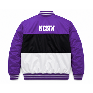 Veste de course personnalisée NCNW Sorority, logo brodé violet et blanc, style racing pour femme, avec doublure en polyester - Product Image 3