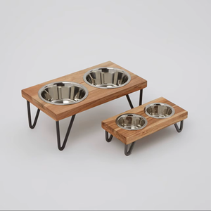 Comedero doble para perros, soporte elevado de madera de Acacia, cuencos de acero inoxidable, patas de varilla TNT, comederos de plato doble para mascotas para Alimentación de Mascotas - Product Image 1