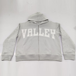Sudadera con capucha vintage de algodón 100% de corte holgado para hombre, estilo streetwear, con cremallera y estampado de pedrería, OEM. - Product Image 1