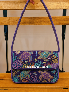Sac à bandoulière personnalisé fait main en perles de rocaille tortue marine, tendance, léger, écologique, robuste, sûr, brodé |   Logo personnalisé - Product Image 1