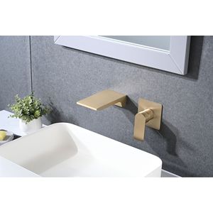 Rubinetto a Cascata Monocomando Oro Spazzolato da Parete per Lavabo Bagno - Product Image 2