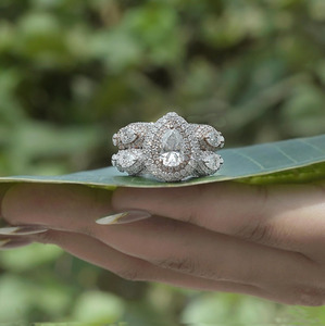 Pear Cut Moissanite Diamond Hip Hop Two Tone Iced Cluster <b>Statement</b> <b>Ring</b> 925 Sterling <b>Silver</b> Rhodium Plated Luxury Bling Jewelry - Product Image 1