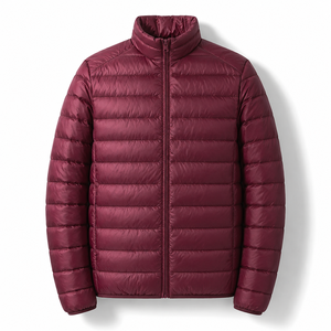Unisex Burgundy Slim Fit Puffer Jacket Stand Collar Zipper Closure Waterproof Breathable Windproof Casual Winter Filling Solid - Product Image 2