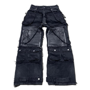 EXITO INTL <b>Men's</b> Black for Wash Distressed Denim Cargo Pants Multiple Pockets Frayed Edges High Waist <b>Drawstring</b> Closure - Product Image 1
