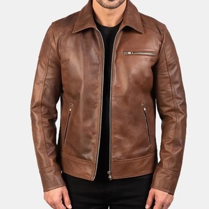 Veste en cuir véritable pour homme, marron, style motard, fermeture éclair, col rabattu, poches zippées - Product Image 4