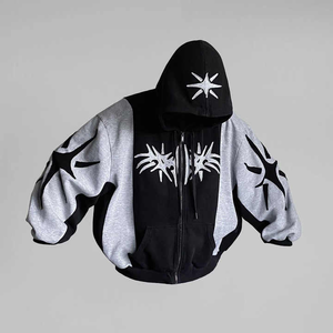 Sweat à capuche zippé pour homme, tricoté, stylé, avec broderie appliquée patchwork contrastant style hip-hop, 2026 - Product Image 1