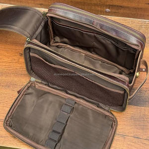 Bolsa de maquillaje de viaje de cuero genuino de grano completo para hombre con doble cremallera personalizada, neceser Vintage para hombre, Kit Dopp colgante - Product Image 6
