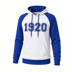 <b>Women</b> Greek Sorority <b>Hoodie</b> 1920 Chenille Varsity Number <b>White</b> Blue Color Block Raglan Fleece Hooded Pullover Kangaroo Pocket - Product Image 1