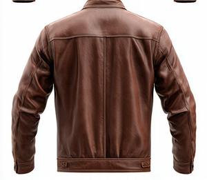 Veste en cuir véritable marron de qualité supérieure pour homme, style moto, col montant, fermeture éclair, pour l'automne - Product Image 5