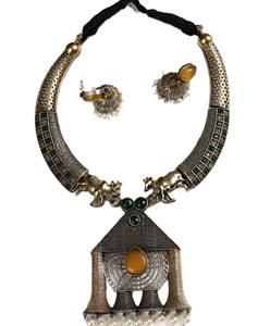 Parure de bijoux de mariée style temple bicolore bohème plaqué or antique avec pendentifs en jade et perles pour cadeau de mariage - Product Image 1