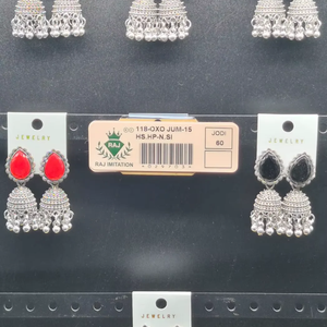 Pendientes Jhumka de Plata Oxidada India con Esmalte en Forma de Lágrima, Piedra, Cúpula, Campana, Cuentas Ghungroo, Joyería al por Mayor, Par - Product Image 1
