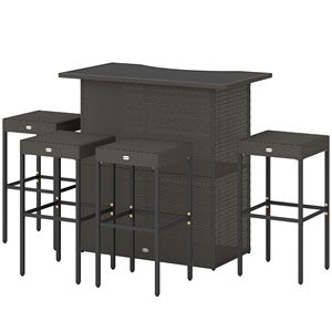 Set Bar da Esterno Alto a 5 Pezzi in Rattan Intrecciato con 2 Ripiani e 4 Sgabelli da Bar Marroni - Product Image 1