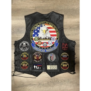 Custom Leather Motorcycle Biker <b>Vest</b> With Patriotic Embroidered Patches Side Lacing Button Front And Sleeveless Rider Design USA - Product Image 1