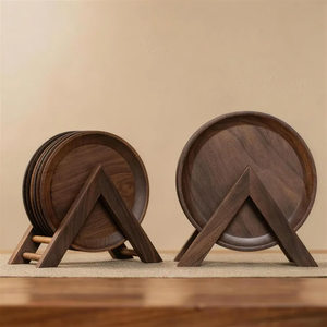 Ensemble d'assiettes en bois de noyer avec support : plat rond pour dessert, pâtisserie, fruits - Product Image 3